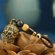Brass Punk Skull Head Keychains Pendants Pure Copper Metal Skeleton Helmet Motorcycle Car Key Chain Rings Braied Rope Keyrings