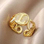 Zircon Initial Letter Heart Rings for Women Open Adjustable Stainless Steel Ring Fashion Aesthetic Wedding Jewelry Gift anillos
