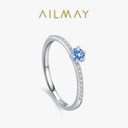 Ailmay Real 925 Sterling Silver Elegant Round Blue Zirconia Finger Rings For Women Wedding Engagement Statement Fine Jewelry