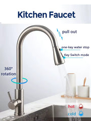 Kitchen Stainless Steel Hot and Cold Faucet, Kitchen Sink Pull-out Kitchen Faucet with 3 Functional Nozzles